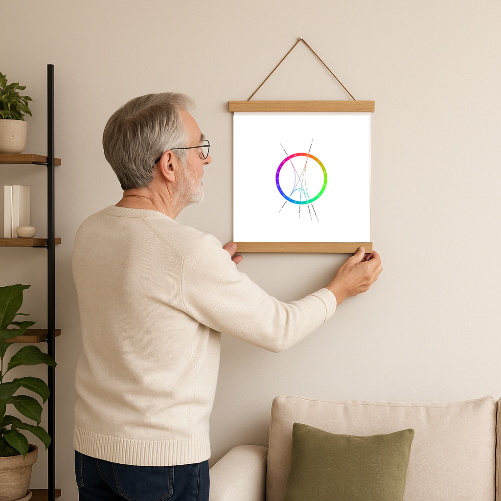 Hanging a Kinring colour-wheel print with wooden poster hangers on the living-room wall