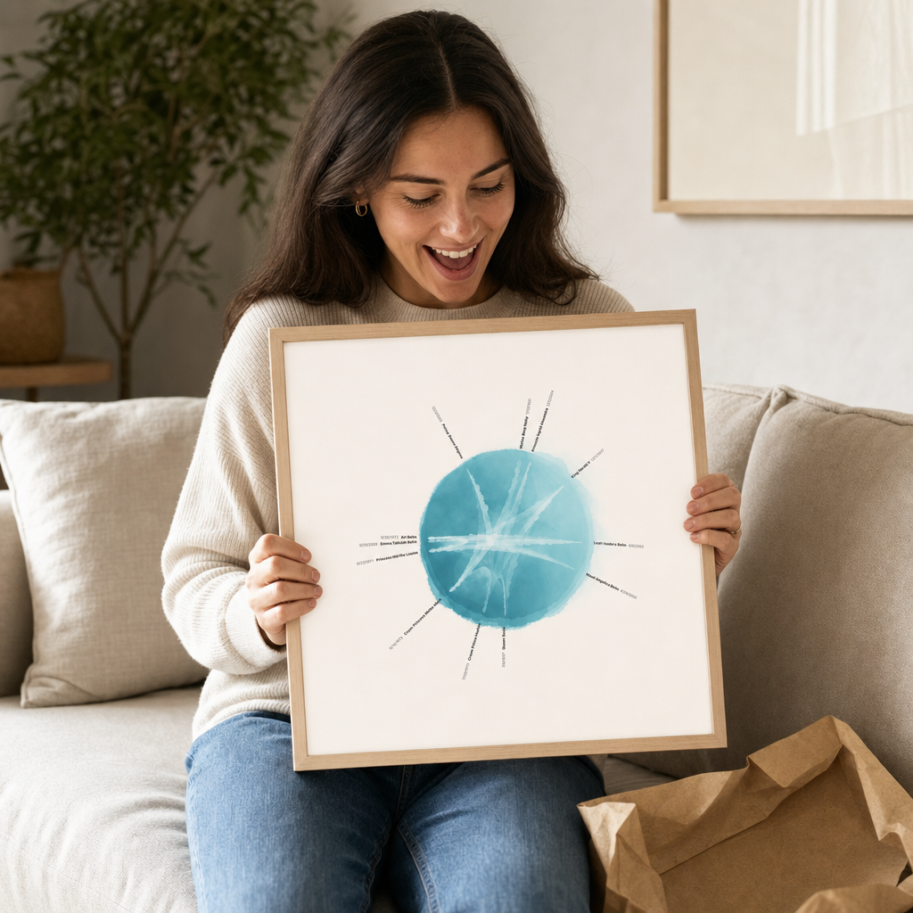 Unwrapping a Kinring print on the sofa and holding it up