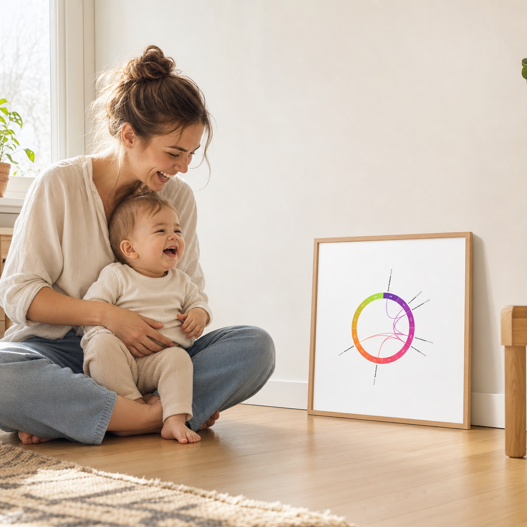 A parent and baby beside their framed Kinring print