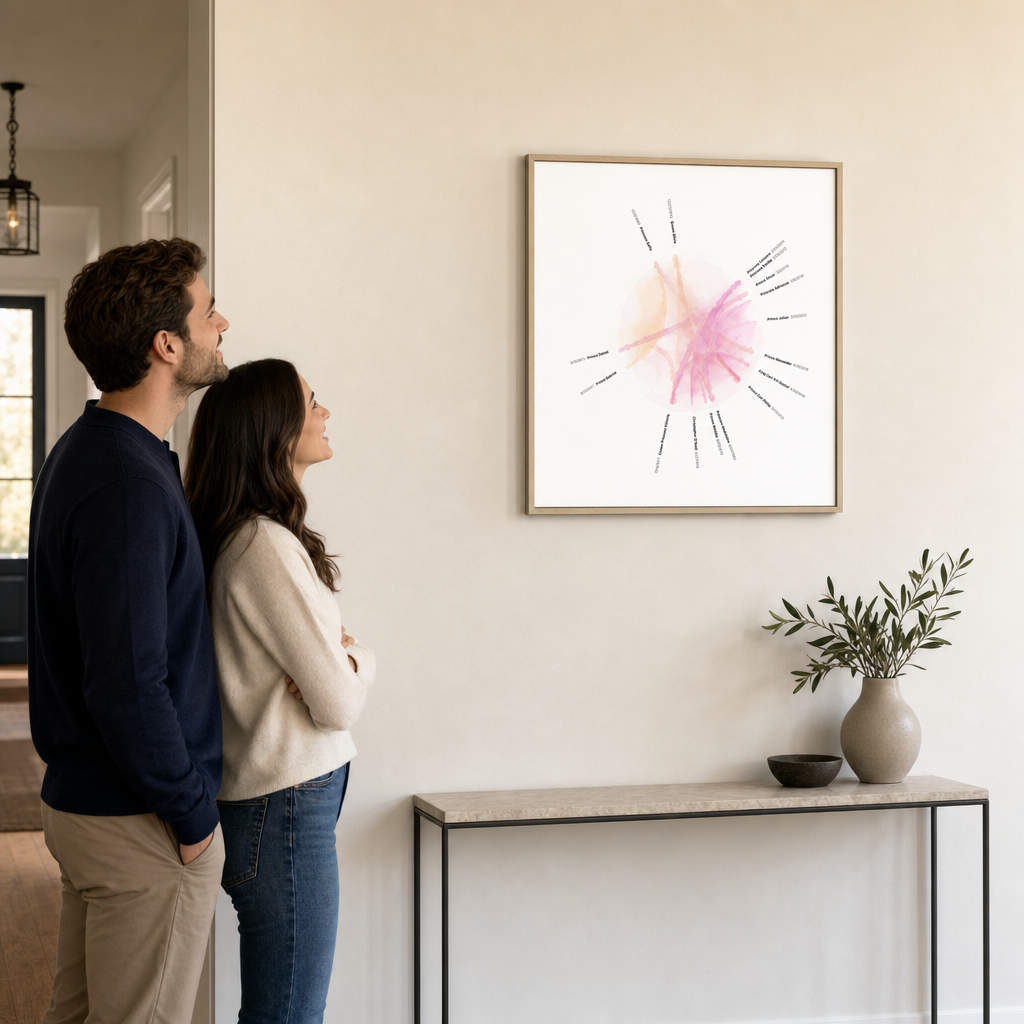 A couple admiring their Kinring print on the hallway wall