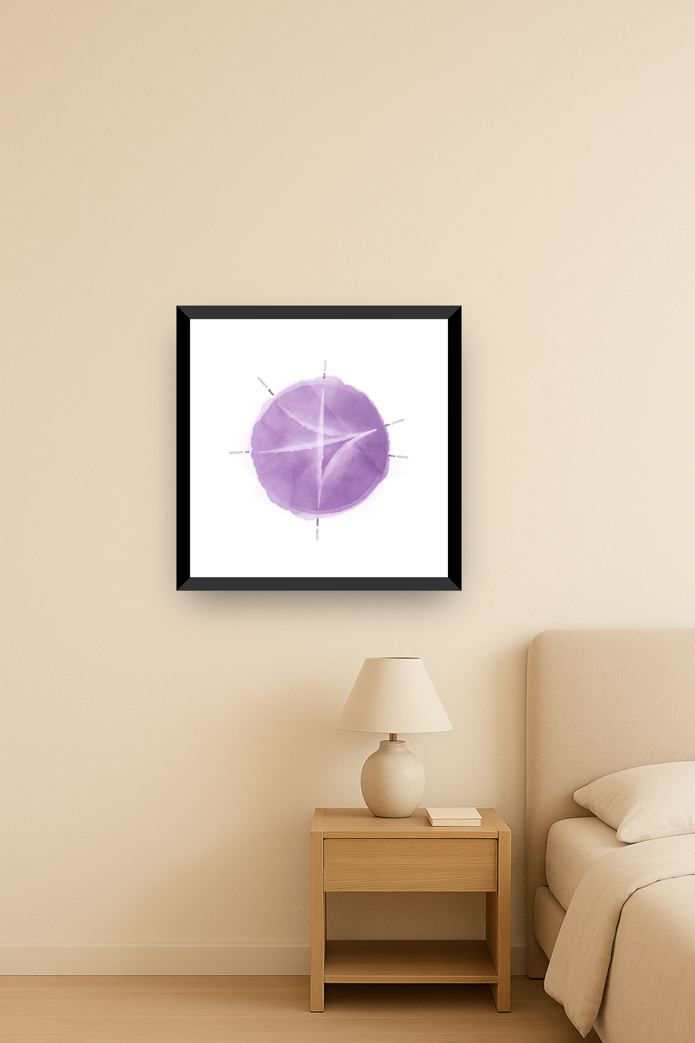 A filled-watercolour Kinring print in a black frame, above a bed